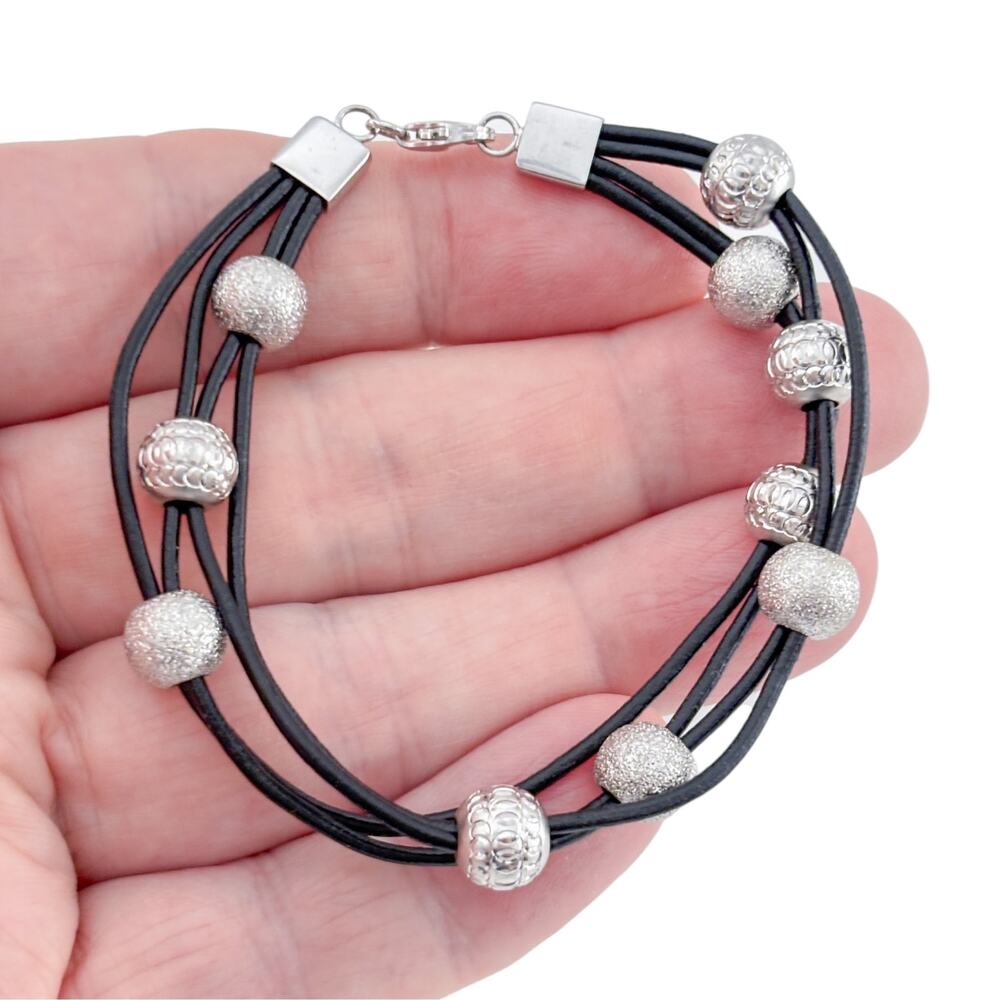 Vintage Sterling Silver 925 Stardust Bead Multi-Strand Leather Bracelet 7"